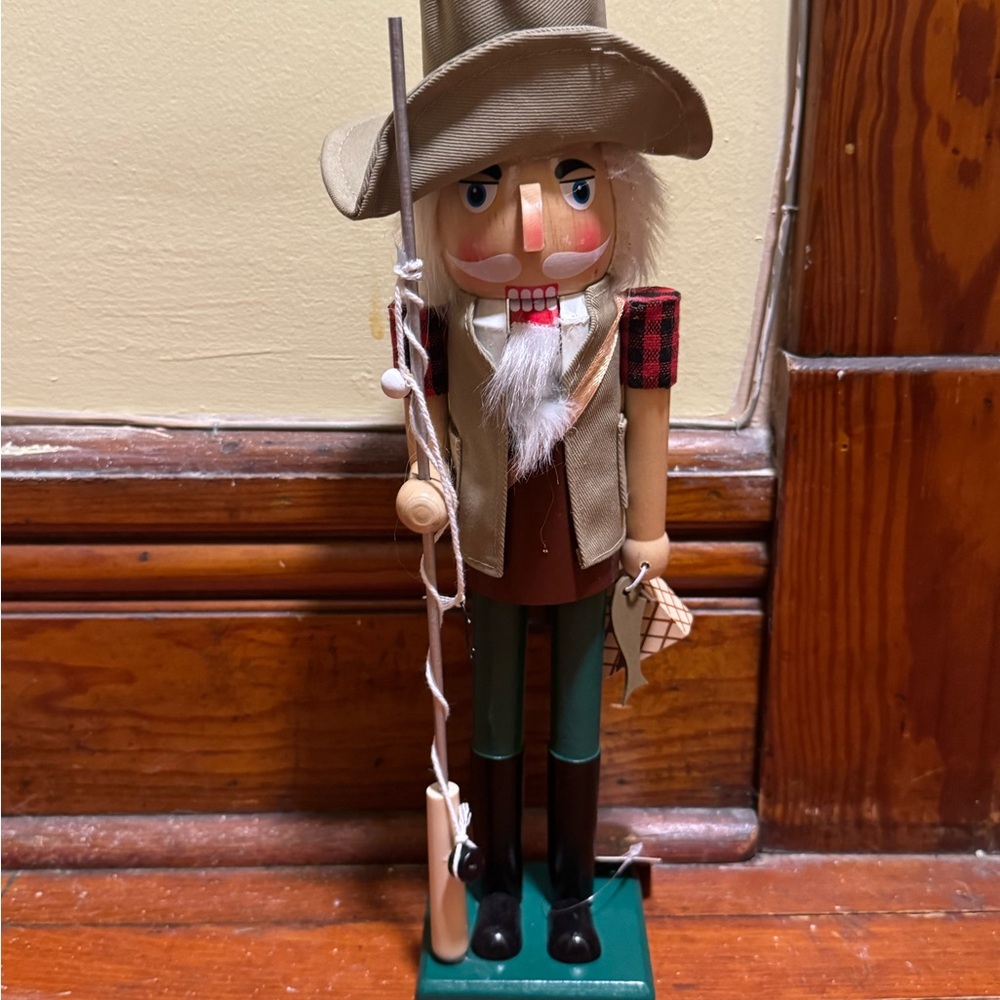 Wooden Nutcracker with Rifle and Fishing Rod
